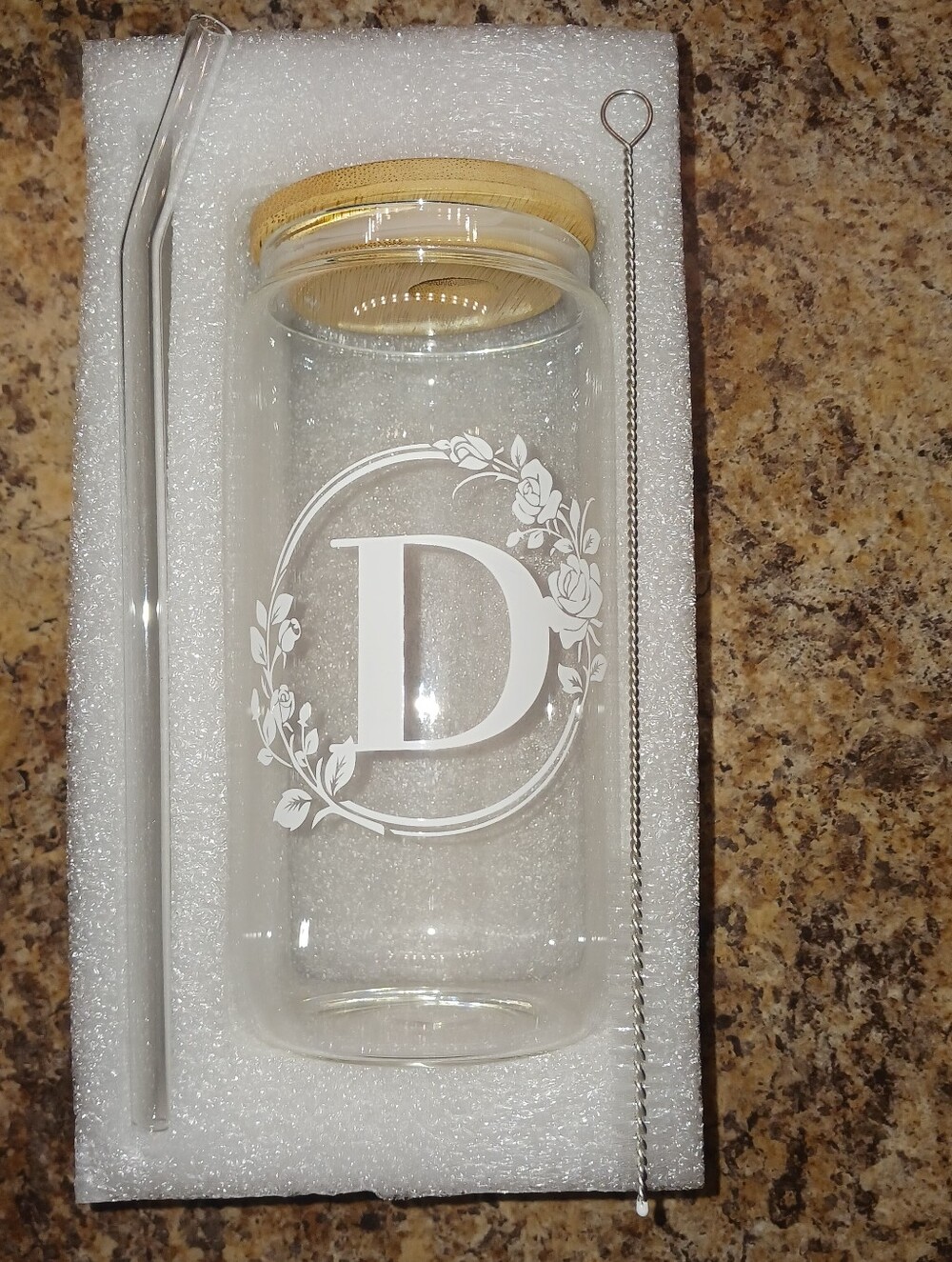 Monogram D Glass Tumbler with Wooden Lid With Straw - Home Dining